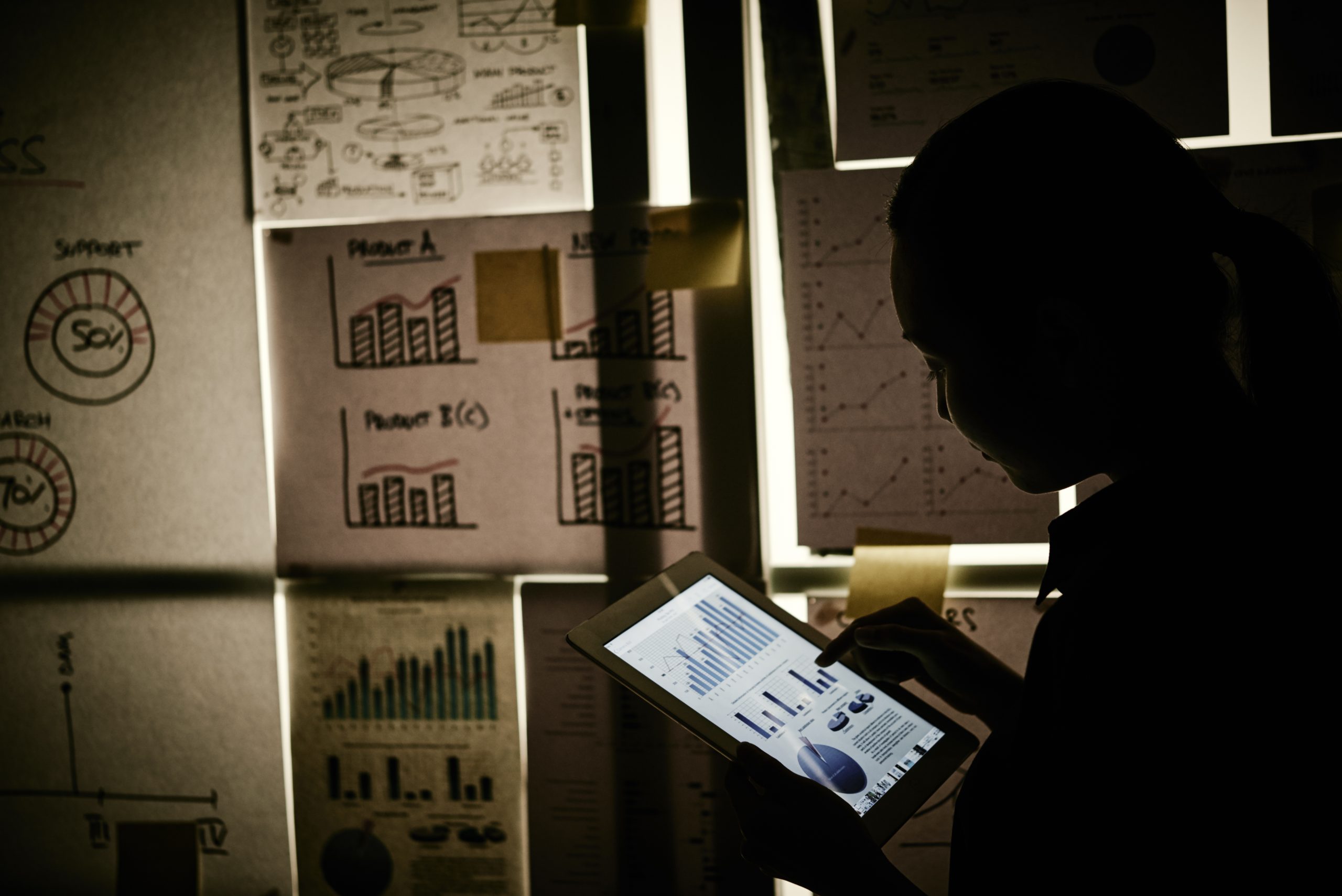 Woman standing next to window covered with business charts and working on tablet
