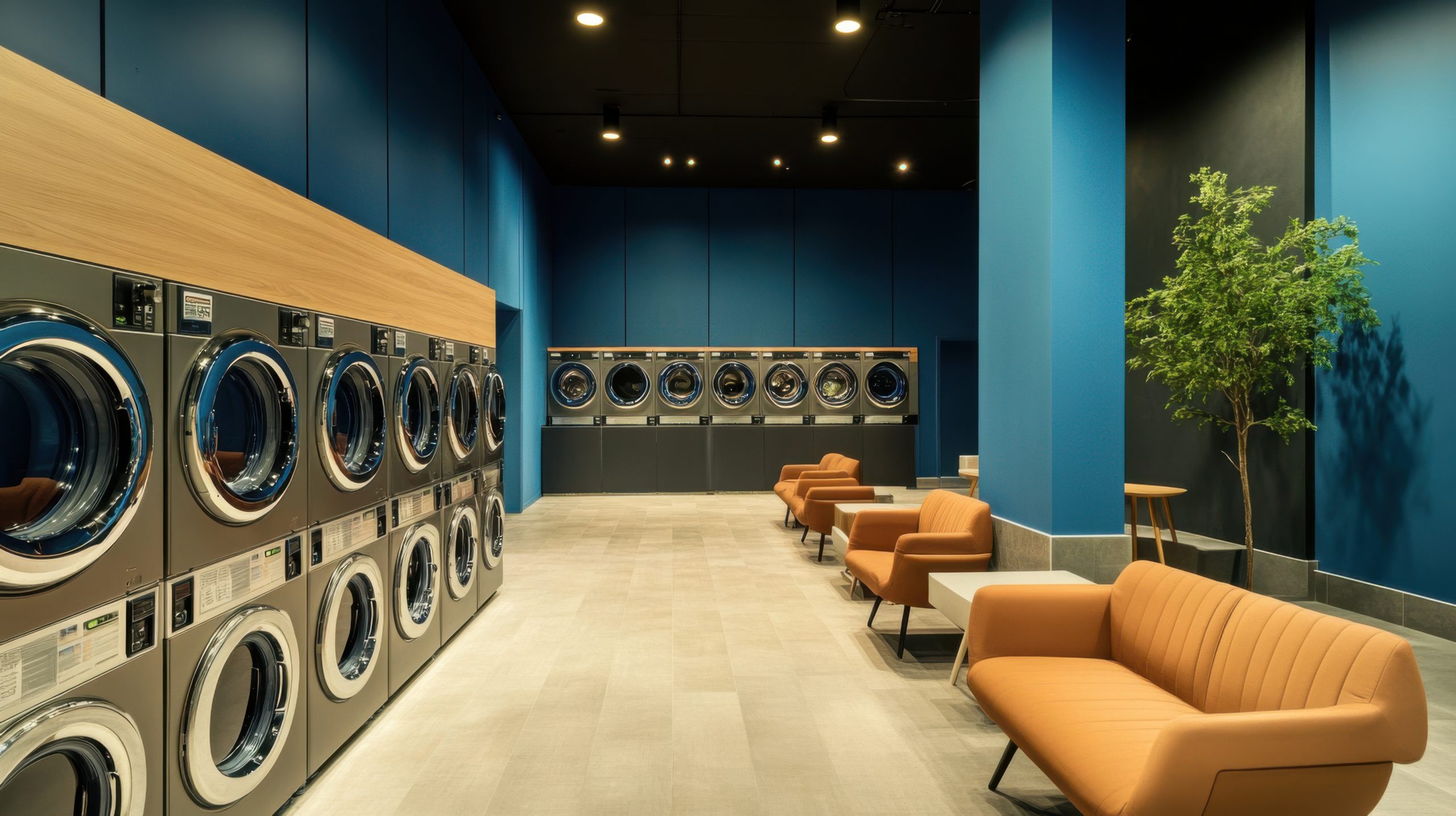 A modern, upscale laundromat with luxurious seating, sleek