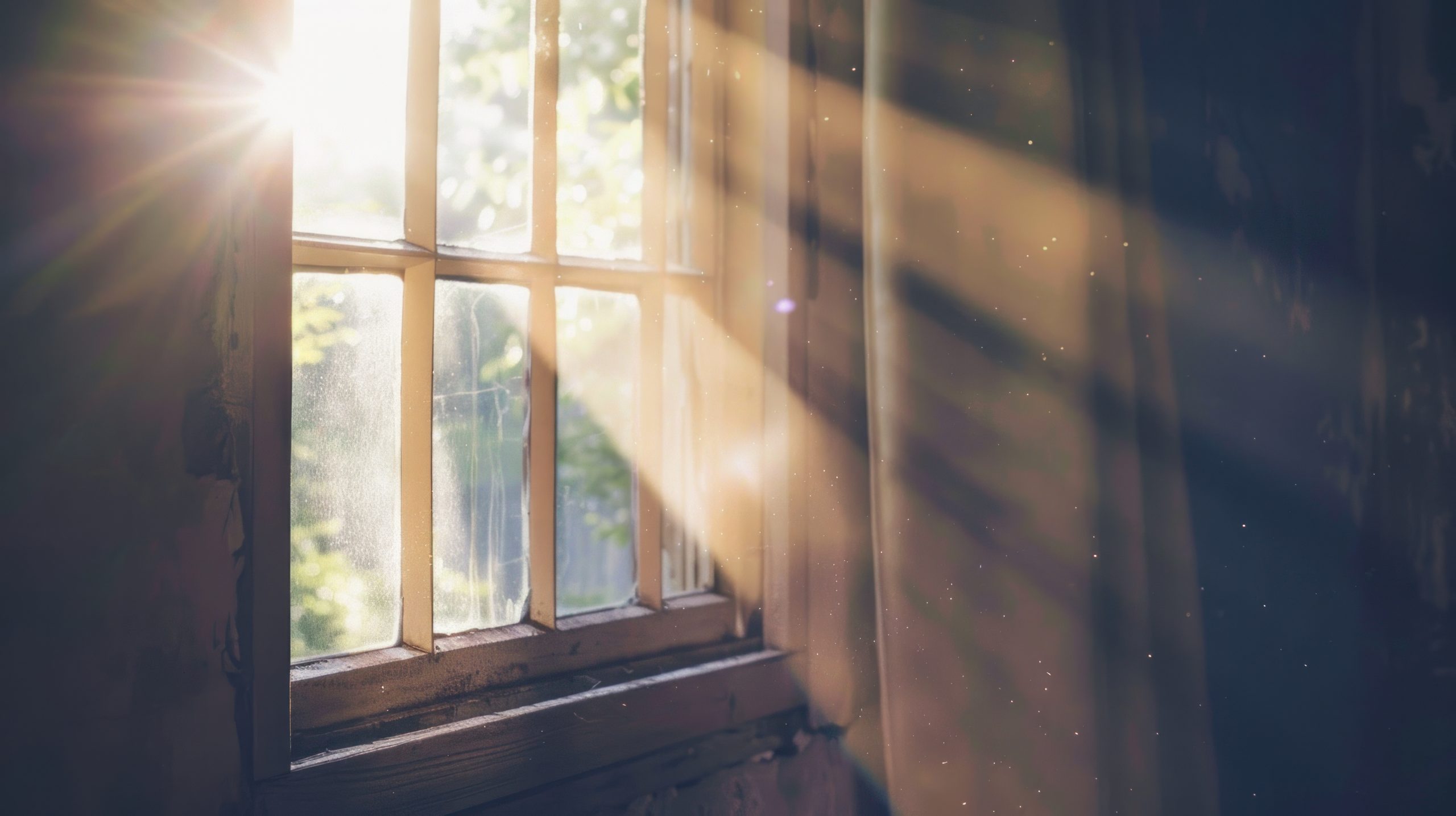 Sunlight filters through the window into a dark room as the sun sets